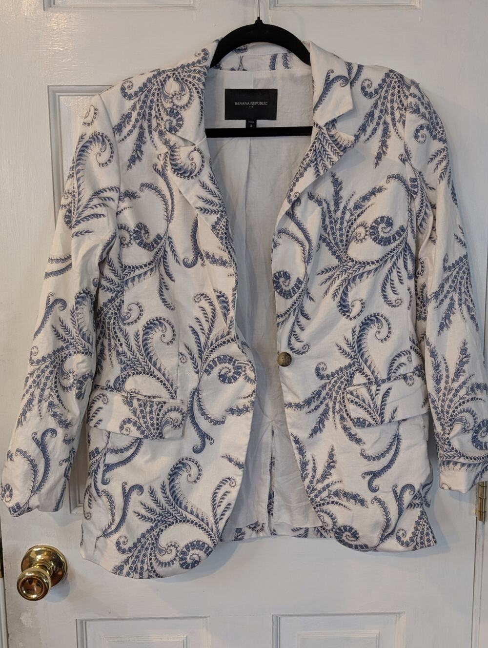 Ivory & Slate Blue Paisley Print Blazer | Tailored Jacket | Size 8 Petite